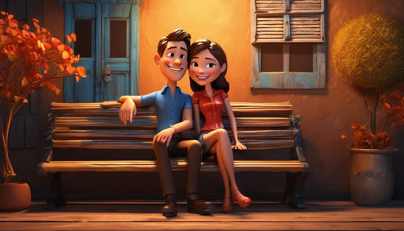 A vibrant 3D cartoon style full-body caricature with a big head, rendered in exquisite detail, depicts a young couple sitting cozily on a weathered black wooden bench, surrounded by a warm reddish-blue atmosphere reminiscent of a picturesque evening sky. Soft, golden photographic lighting casts a flattering glow, accentuating the duo's excited expressions. With an exaggerated, Unreal Engine-inspired aesthetic, the image pops with a vibrant color palette, while the subtle ring light adds depth and dimensionality, evoking the cinematic quality of a Pixar animation.