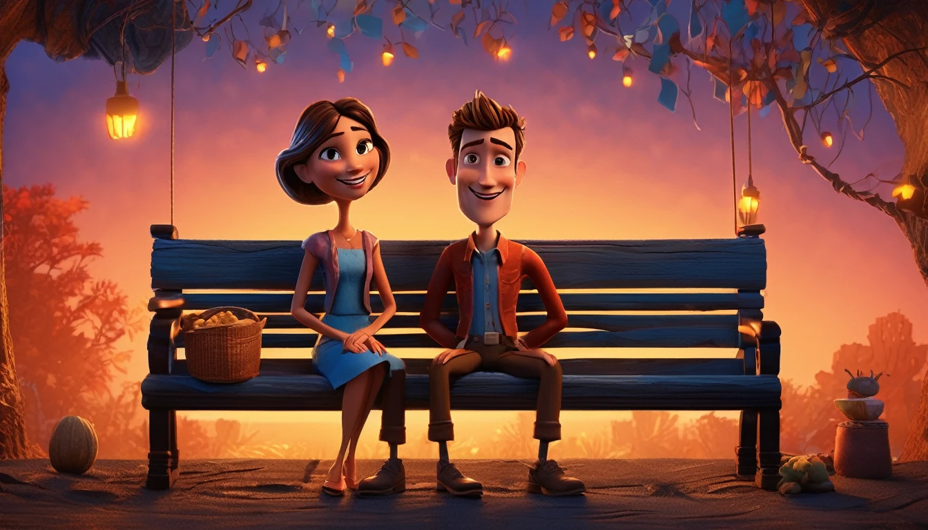 A vibrant 3D cartoon style full-body caricature with a big head, rendered in exquisite detail, depicts a young couple sitting cozily on a weathered black wooden bench, surrounded by a warm reddish-blue atmosphere reminiscent of a picturesque evening sky. Soft, golden photographic lighting casts a flattering glow, accentuating the duo's excited expressions. With an exaggerated, Unreal Engine-inspired aesthetic, the image pops with a vibrant color palette, while the subtle ring light adds depth and dimensionality, evoking the cinematic quality of a Pixar animation.