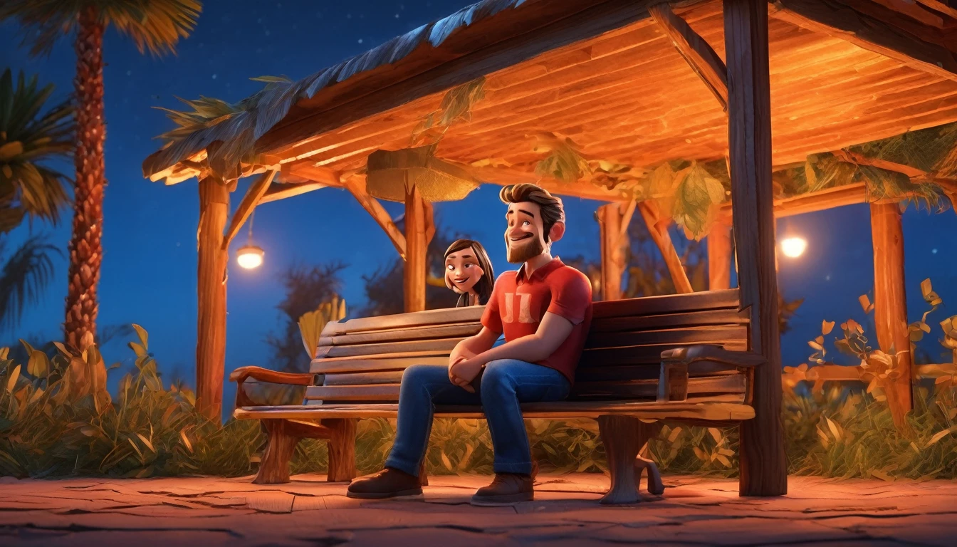 A vibrant 3D cartoon style full-body caricature with a big head, rendered in exquisite detail, depicts a young couple sitting cozily on a weathered black wooden bench, surrounded by a warm reddish-blue atmosphere reminiscent of a picturesque evening sky. Soft, golden photographic lighting casts a flattering glow, accentuating the duo's excited expressions. With an exaggerated, Unreal Engine-inspired aesthetic, the image pops with a vibrant color palette, while the subtle ring light adds depth and dimensionality, evoking the cinematic quality of a Pixar animation.