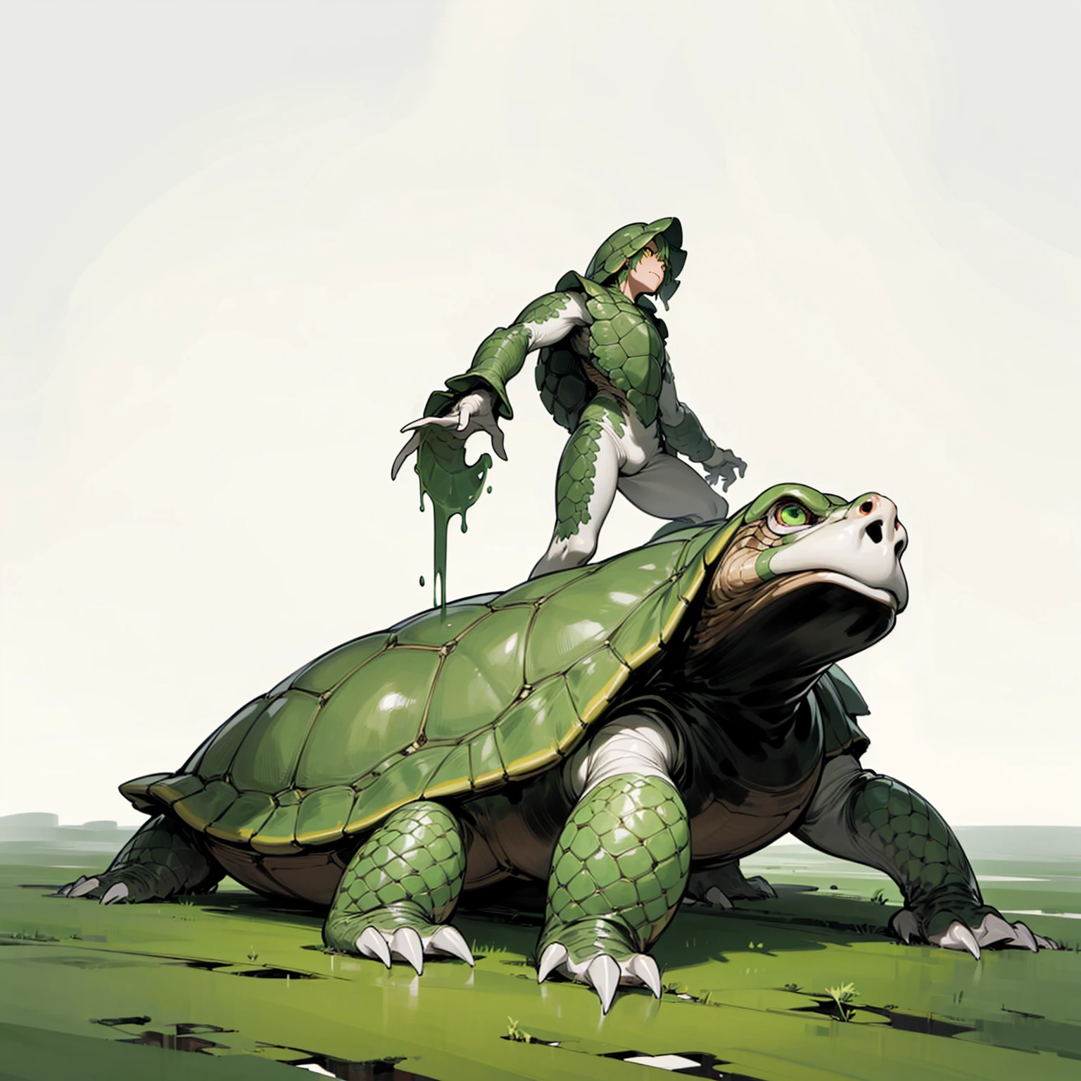 (Random Evolution, Colossal Titan mixed with turtle), full body version, full black and white colour skins, (green eyes), (Grassroots oil), no background, Oil, slimy floor