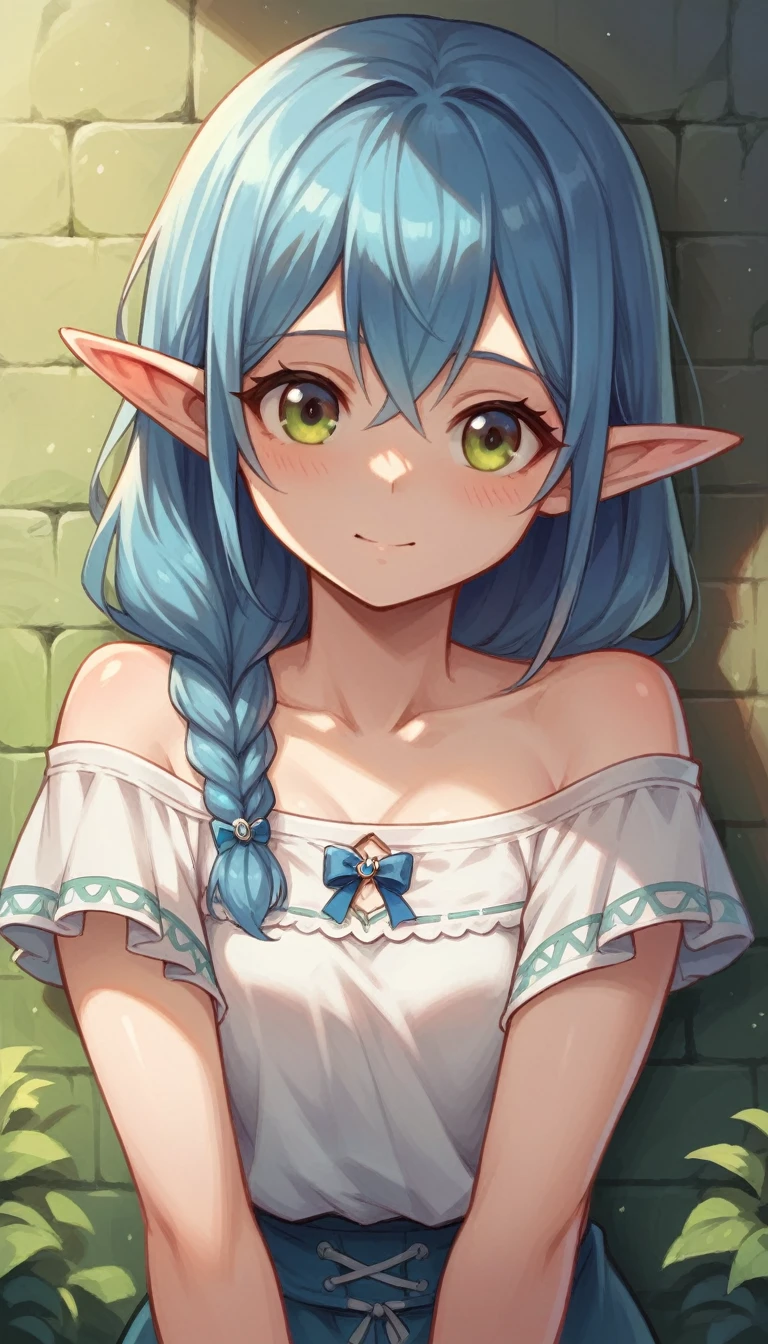 one girl, elf, pure. naive, cute, blue hair