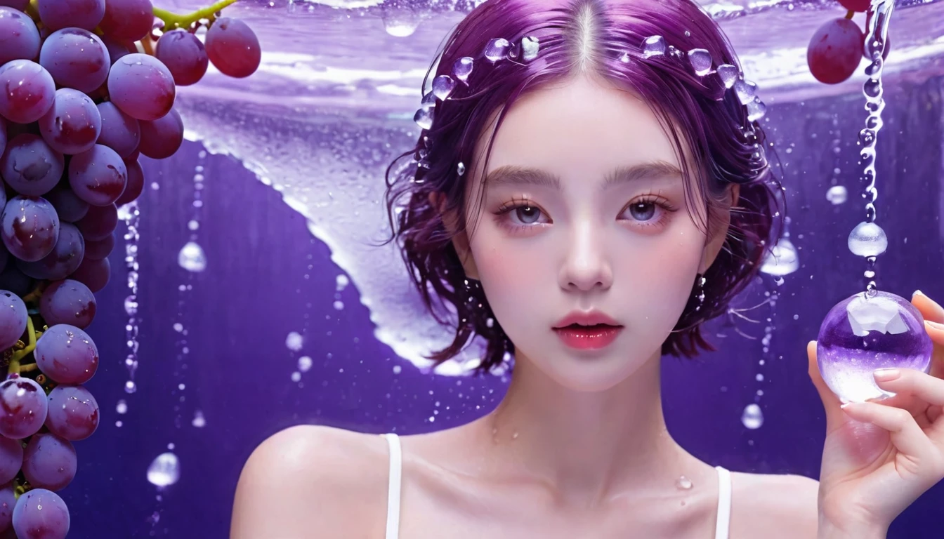 Summer Purple Grape Girl，Dopamine teenage， Cool summer days，Ice cubes，The watery girl，Delicate skin，Hydration，Shiny，Shiny，dream，Front view，bust，pearl，Purple grape fruit