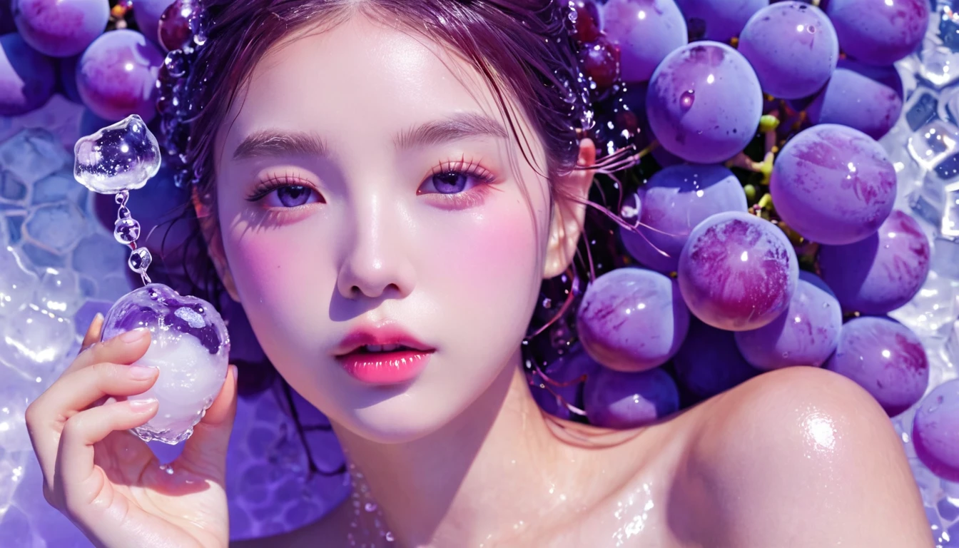 Summer Purple Grape Girl，Dopamine teenage， Cool summer days，Ice cubes，The watery girl，Delicate skin，Hydration，Shiny，Shiny，dream，Front view，bust，pearl，Purple grape fruit