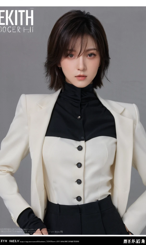 xxmixgirl,1girl, upper body office suit shadow Keith Negley anime realistic (masterpiece,best quality,niji style)