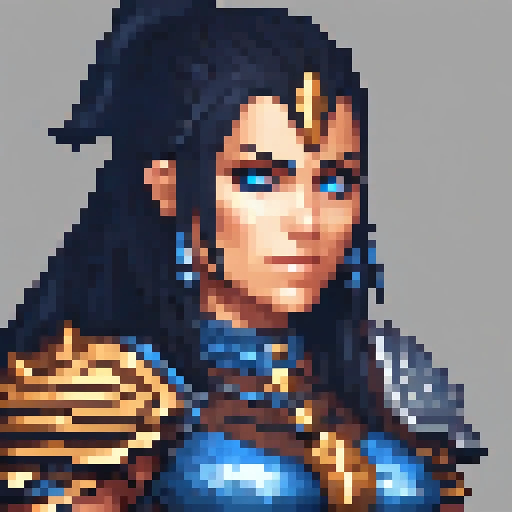 barbarian female portrait, detailed eyes, dark brown or black hair , extremely detailed face and features, battle crazy powers, blue accents ,leather armor,, intricate pixel art style, highly detailed, masterpiece, 8k, photorealistic, portrait, fantasy, magical, ethereal, cinematic lighting, dramatic contrast, vivid colors, digital painting