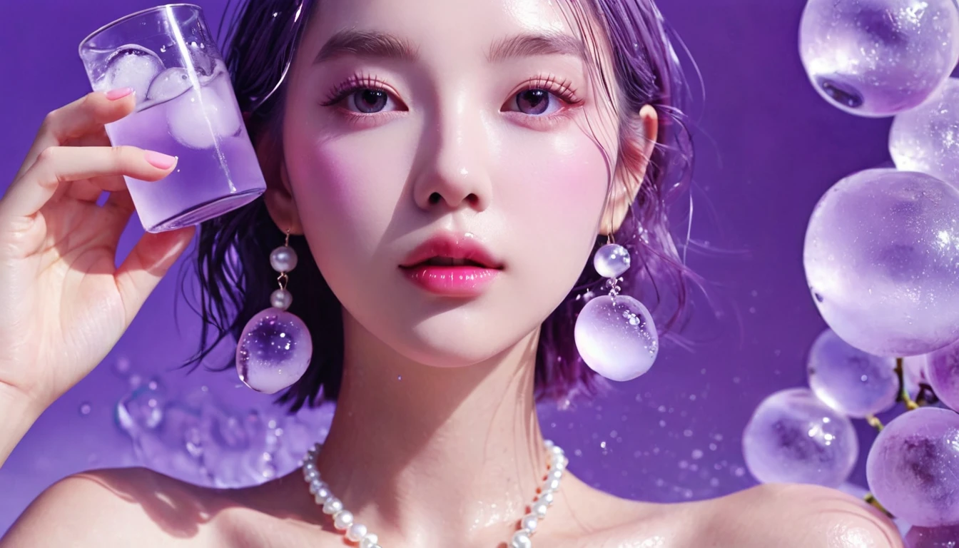 Summer Purple Grape Girl，Dopamine teenage， Cool summer days，Ice cubes，The watery girl，Delicate skin，Hydration，Shiny，Shiny，dream，Front view，bust，pearl，Purple grape fruit