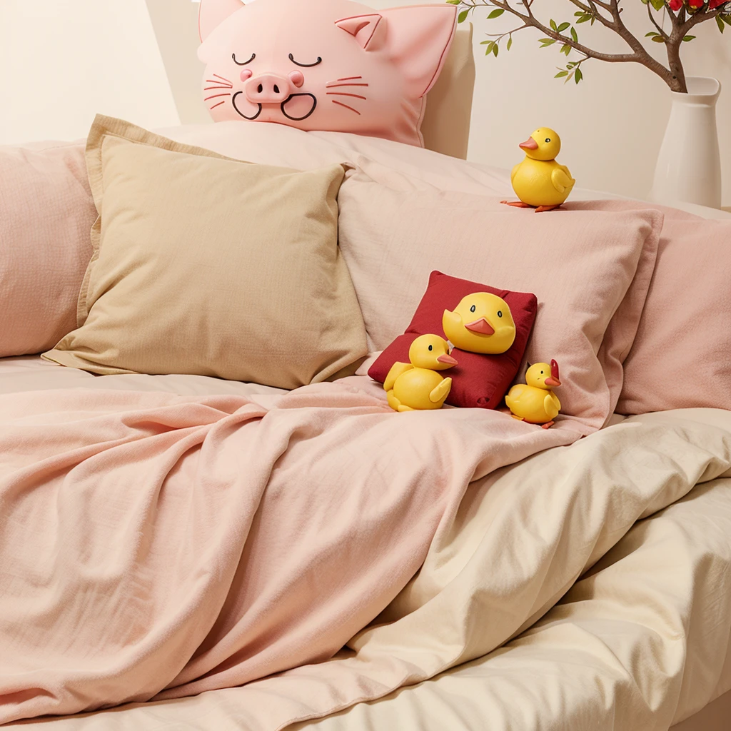 Red stickman sleeping whit a pig, a kitten and tree little yellow duck