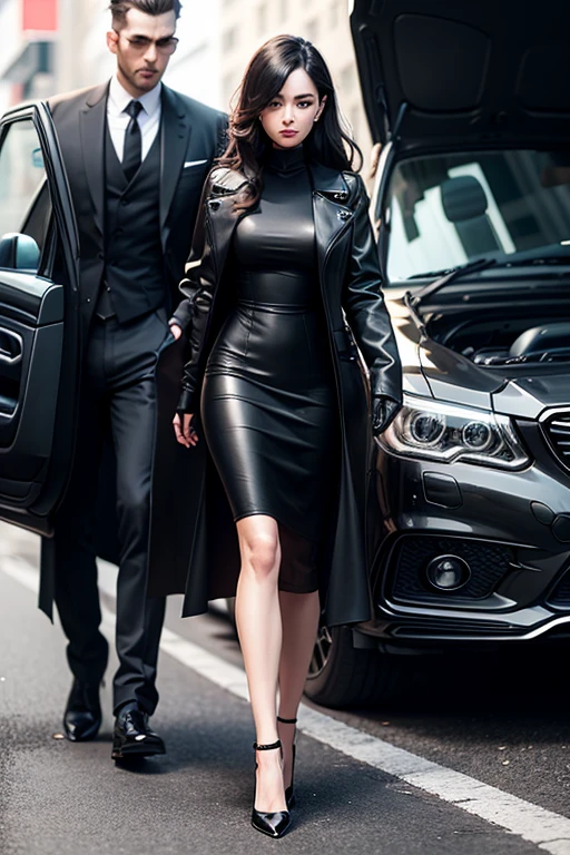 woman with a long black jacket and long heels with black gloves and a black dress with a man in the trunk of her car