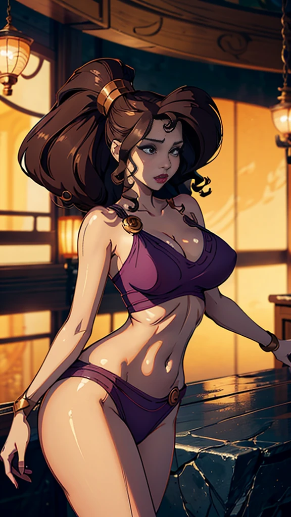 extremely delicate and beautiful, Amazing, finely detail, masterpiece, ultra-detailed, highres,best illustration, best shadow,intricate,sharp focus,  high quality, Megara, Megara from Disney, solo, long brown hair, curvy, milf, giant breasts, sexy body, genshin impact,