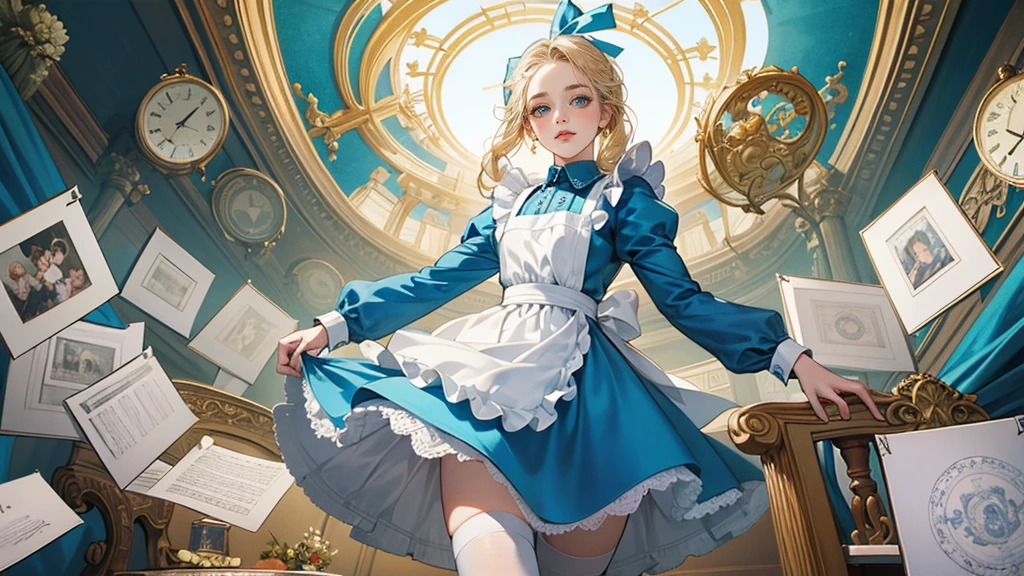 masterpiece, Highest quality, Portraiture, One Girl, (Alice in Wonderland:1.2), Blue clothes, White apron, Blonde, blue eyes, Usagi, Trump, Tea cup, White lace thigh high socks, Miniskirt lift, Dynamic pose,Retro