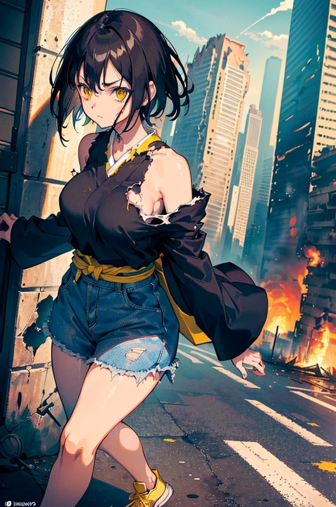 ((1 GIRL)) ((2d anime girl)), ((Japanese)) (( physically mature female)) (( slightly large breasts)), 25-year-old, ((2d anime girl)), ((short dark-haired)), ((windswept hair)) ((ultra high quality))((flawless))((4k UHD)) ((Best Quality)) ((Daytime)) ((eyes glowing yellow )), wearing a ((black long sleeve shoulderless, blank T-shirt))((no logo)) wearing ((blue jeans)) and black and yellow sneakers with (((blood splattered))) on it and her face, standing in the street ((facing front and center toward the camera)) in a ((ruined city)) filled with ((heavily damaged)) and worn (( tall skyscrapers with gaping holes in their structures while on fire)) and ((crushed vehicles on fire)) and small and ((raging fires all around)) and an ((intimidating)) look on her face, with a giant monster kaiju-beast in the distance looking furocious.