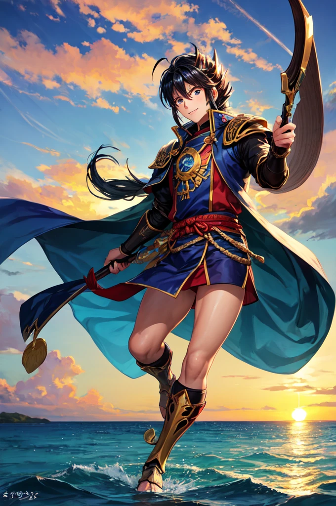 Zodiac knight shiryu near the sea at sunset