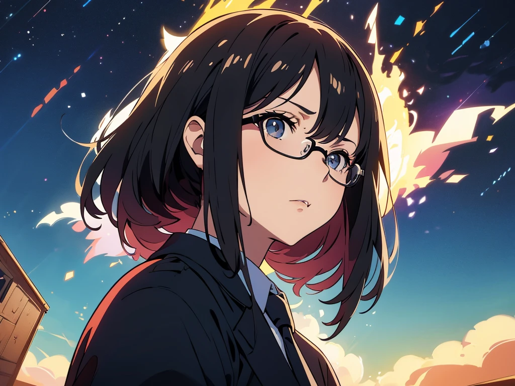 ."A determined FBI agent with black glasses and black hair stands in an open field, gazing up at the evening sky. The perspective places the viewer directly in front of him, capturing the intensity in his eyes as he contemplates the mysteries above, perhaps pondering the next move in a high-stakes investigation."