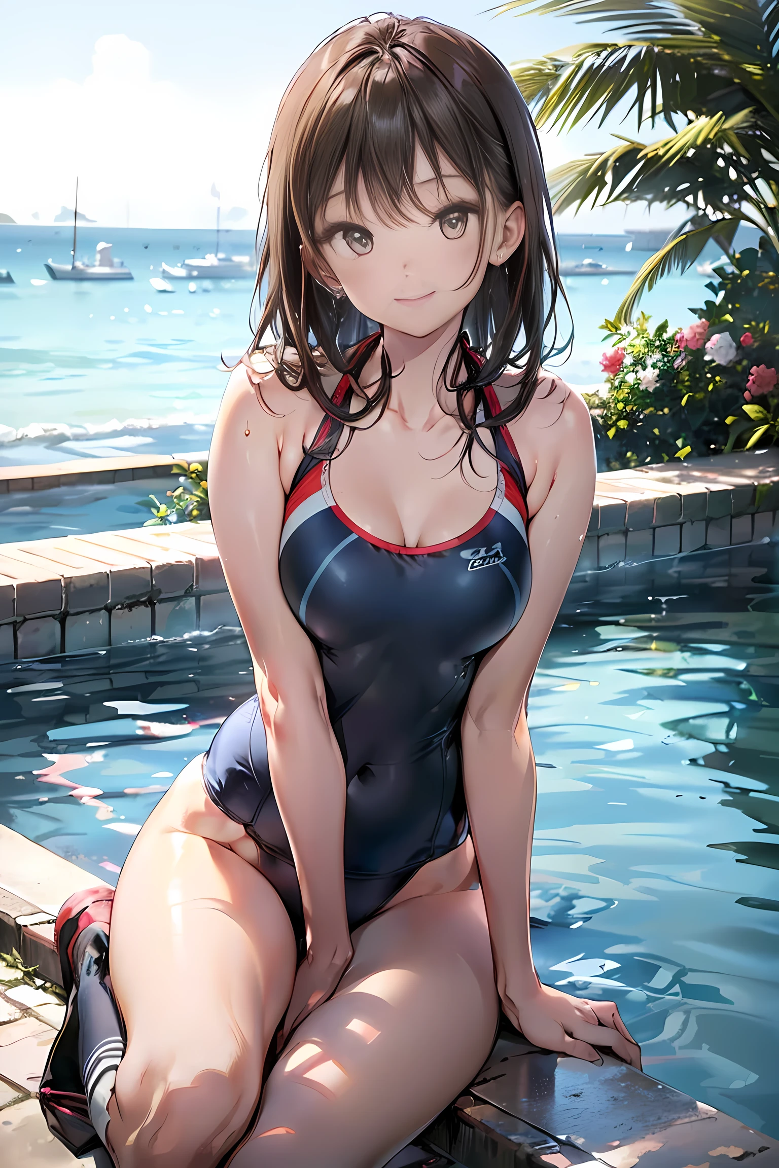 masterpiece, (realistic, photo realistic:1.2), ((highest quality), extremely fine and beautiful, beautiful face details, real human skin, realistic, photorealistic, Complete limbs. Ultra-high resolution, Bright light, Slender beauty, smile, Wearing a shiny school swimsuit, Glowing Skin. Black knee-highs, Tiny breasts, pool