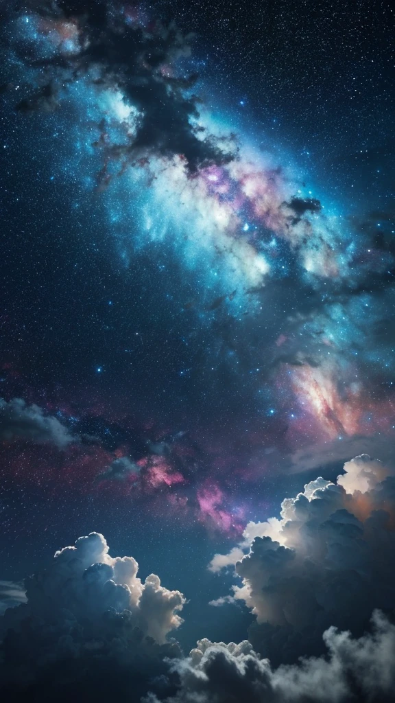 Painting of a night sky with clouds and stars, nebula, nebulaの空, Cosmic clouds, dramatic nebulaの空, Beautiful night sky, Space Sky, Bright sky of interstellar storm, Dramatic night sky, Clouds at night, Space Sky, Magnificent clouds and lighting, Atmospheric fantasy sky, 紫nebula, In space.Very realistic, Magnificent clouds and divine light