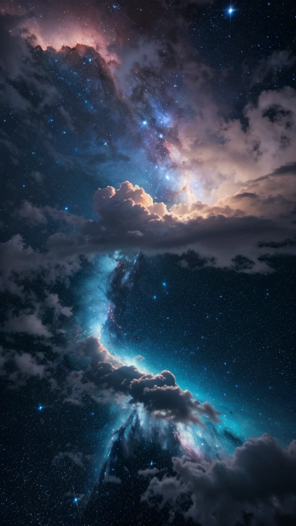 Painting of a night sky with clouds and stars, nebula, nebulaの空, Cosmic clouds, dramatic nebulaの空, Beautiful night sky, Space Sky, Bright sky of interstellar storm, Dramatic night sky, Clouds at night, Space Sky, Magnificent clouds and lighting, Atmospheric fantasy sky, 紫nebula, In space.Very realistic, Magnificent clouds and divine light