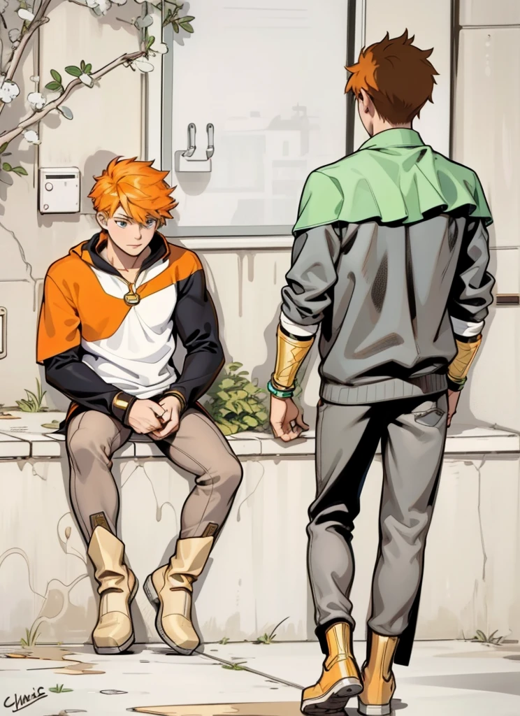 There are two 16 year olds, one sitting with orange hair and the other walking towards him., They both have superhero costumes, they have golden superhero boots, they are slim but athletic. , Her bracelets and boots are gilded with gold