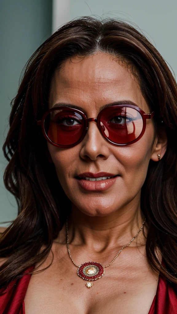 Russian milf, perfect and clear eyes, oculos de sol, sexly, redgown, Giant tits, neckleace, candid photography, realisitic, Detailed texture skin, swirly vibrant colors, great exposure, cinematic, Photorealisitic:1.4, ultra HD