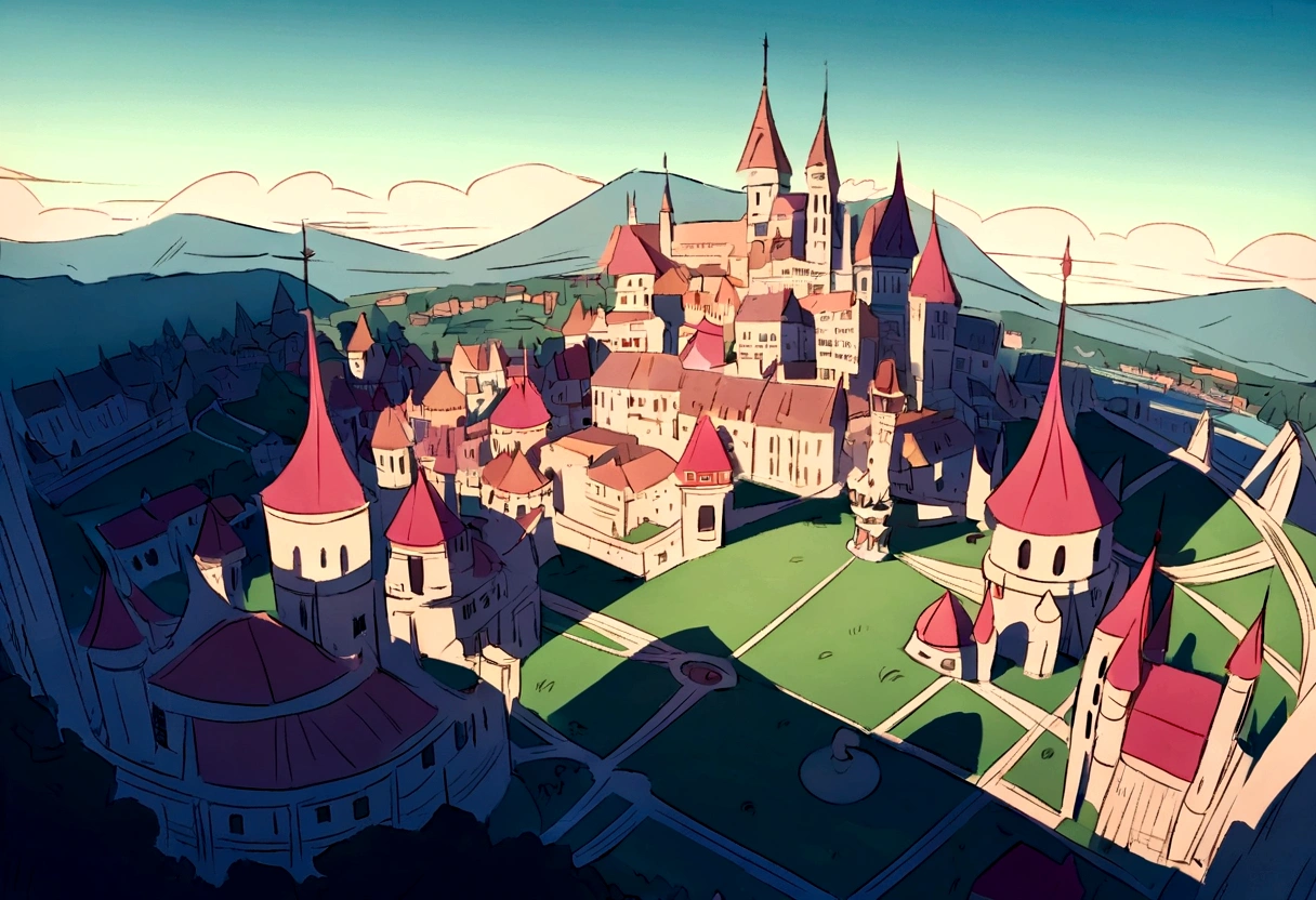 Make the background a modern city in the style of the cartoon series Gravity Falls and Star vs the Forces of Evil with an aerial view