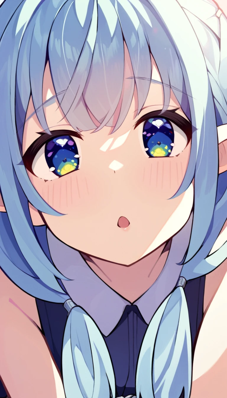 one girl, elf, pure. naive, cute, blue hair, innocent