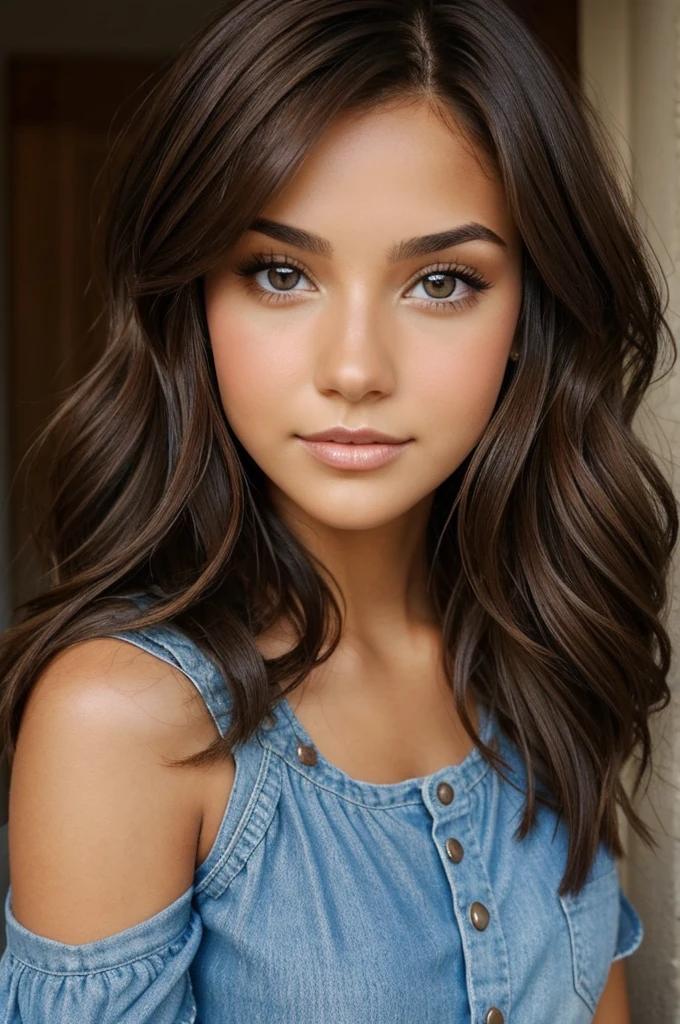 A girl brunette brown eyes medium short dark brown wavy hair