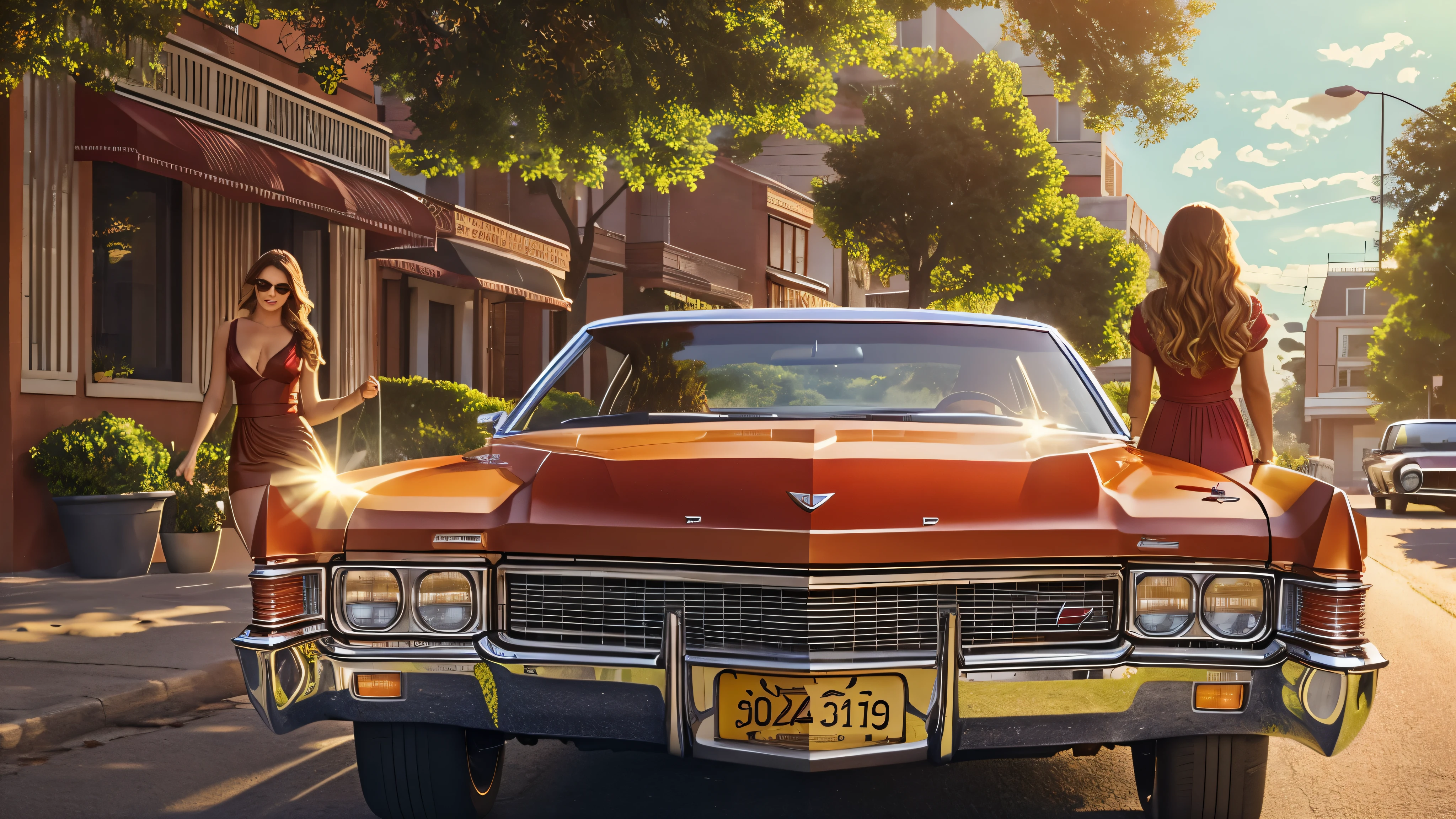 Generate an image of a 1970s red Cadillac with a tan interior driving down a sunny American street. The car should have a sleek, vintage design with chrome details and a large size, capturing the classic vibe of the era. The background features greenery and buildings, reflecting a typical suburban setting. Add a couple of beautiful women in stylish 1970s fashion, walking on the sidewalk and interacting with each other and the car, enhancing the vibrant, nostalgic atmosphere. cinematic action, cinematic lighting, backlighting, masterpiece, anatomically correct, textured skin, super detail, 8k atmospheric perspective, depth of field,