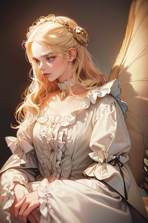 lifeimitatesart (Masterpiece) The woman,blonde woman, luna, Cloud, Angel, Dumb, Trevor Brown's Style, Octane Render, deity, Vivienne Westwood, rococo, Punk decorations, SAD512 (fashion photography, Faded, Film grain, Muted colors, Epic Realistic, (pre-raphaelitism), Detailed Face, soft focus, eclectic,glistering,Butterflies all around,Clouds,Light,Like at sunset,glittering,Transferable,rainbow,Angel Wings White,nimbus,glistering,Everything glitters