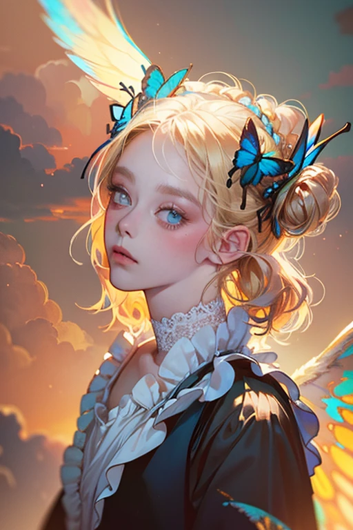 lifeimitatesart (Masterpiece) The woman,blonde woman, luna, Cloud, Angel, Dumb, Trevor Brown's Style, Octane Render, deity, Vivienne Westwood, rococo, Punk decorations, SAD512 (fashion photography, Faded, Film grain, Muted colors, Epic Realistic, (pre-raphaelitism), Detailed Face, soft focus, eclectic,glistering,Butterflies all around,Clouds,Light,Like at sunset,glittering,Transferable,rainbow,Angel Wings White,nimbus,glistering,Everything glitters