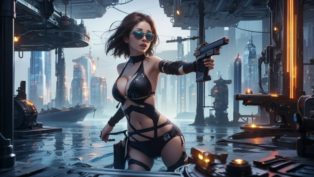 (((a medium-breast bikini slim GIRL with black (micro) sunglasses))), (((((aiming at viewer with a pistol))))), a balcony of a futuristic building, aerial view of an ultra-futuristic megalopolis, many metal buildings and houses in dark colors from dark blue to black, a cidade tem tons de cinza metal, has smoky metal structures , industrial environment with smoke and fog around, carros escuros nas ruas, desert megalopolis, trilhos e trens modernos de de metal passando estre as ruas da cidade, tall futuristic metal buildings, many ultra modern buildings around, realistic, detailed, sci-fi.
