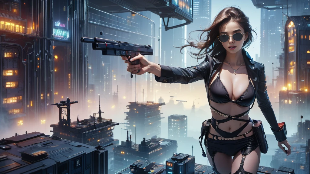 (((a medium-breast bikini slim GIRL with black (micro) sunglasses))), (((((aiming at viewer with a pistol))))), a balcony of a futuristic building, aerial view of an ultra-futuristic megalopolis, many metal buildings and houses in dark colors from dark blue to black, a cidade tem tons de cinza metal, has smoky metal structures , industrial environment with smoke and fog around, carros escuros nas ruas, desert megalopolis, trilhos e trens modernos de de metal passando estre as ruas da cidade, tall futuristic metal buildings, many ultra modern buildings around, realistic, detailed, sci-fi.