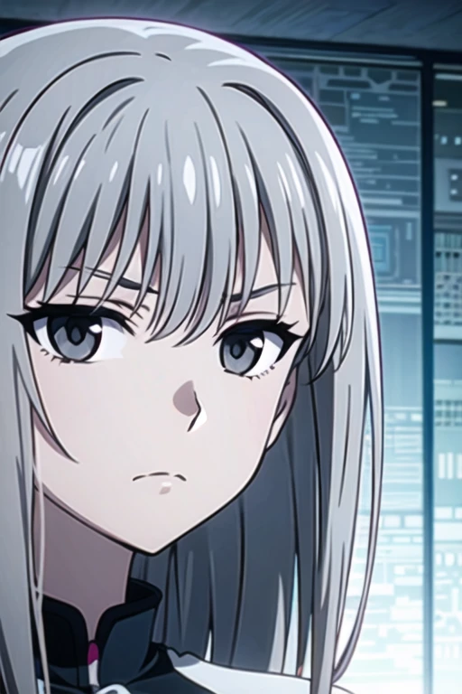 young girl with long light grey hair, grey eyes and has an apathetic expression