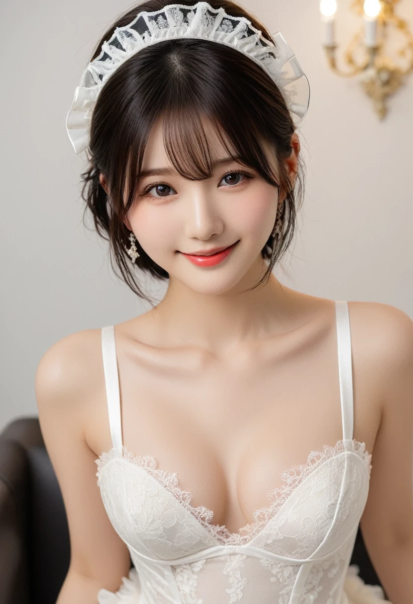 (1girl:1.3), (realistic:1.4), (masterpiece, top quality, highest image quality, ), ultra-fine, highest fine detail, (ultra-fine), ((very fine and beautiful)), cinematic light, contemporary, (very fine and beautiful) ,1 girl, ,Korean idols,Smooth black hair,Upper body, from above, shy, smiling, (looking back: 1.4), The woman wears a bodysuit-style covering (corset dress) from the chest to the hips. The neckline is a deep V-cut with straps and the skirt is decorated with short tulle frills. The corset also has a garter belt. ((Base colour is white with black transparent lace on the front)). The front centre of the corset is decorated with delicate black floral lace and a white ribbon. The skirt is ruffled with transparent tulle and is light. The stockings are also black lace. The contrast between black and white is beautiful and the delicate lace and tulle details emphasise the elegant and sexy atmosphere.