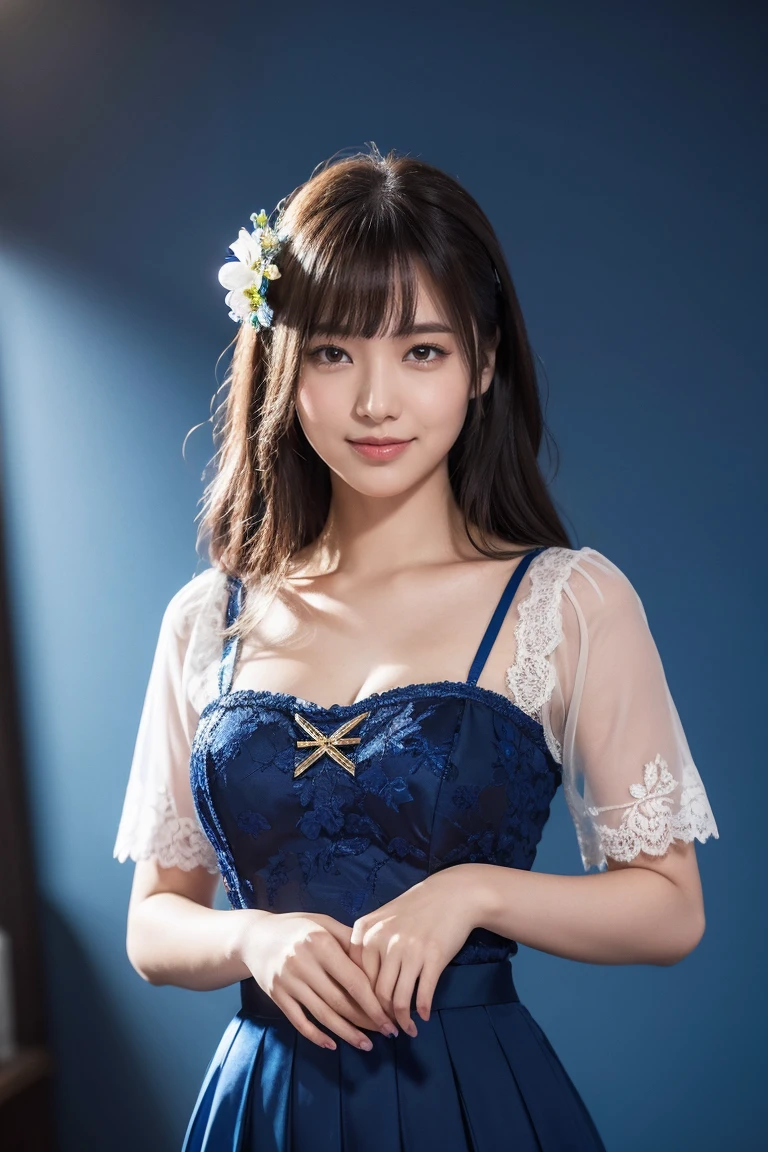 medium view, medium shot, written boundary depth, bust, Upper body, cinematic angle, masterpiece, highest quality, Super detailed, CG, 8k wallpaper, beautiful face, delicate eyes, maiden, alone, smile, bangs, skirt, shirt, have, cobalt blue dress with golden trim, flower background