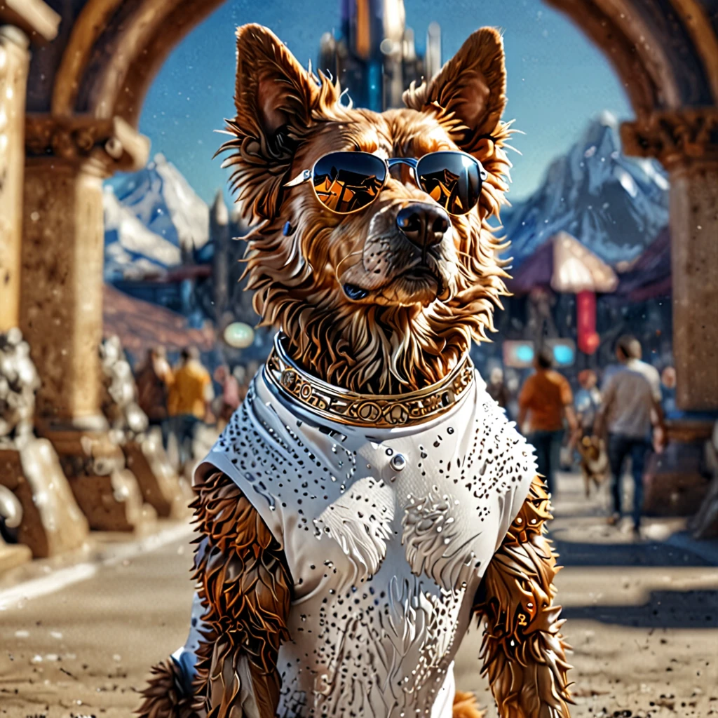 dog humanoid human body, highy detailed, 8K, photorrealistic, dazzling, fluffly, Sauvage, majestic adult creature, rule of thirds depth of field intricate details, (conceptual artwork), bright coloured, futuristic design, Attention to the details, grandeur and admiration, obra-prima visual dazzling, fantastic kingdom, hard light,brown humanoid dog wears a white t-shirt and sunglasses), with a fantastic background ,