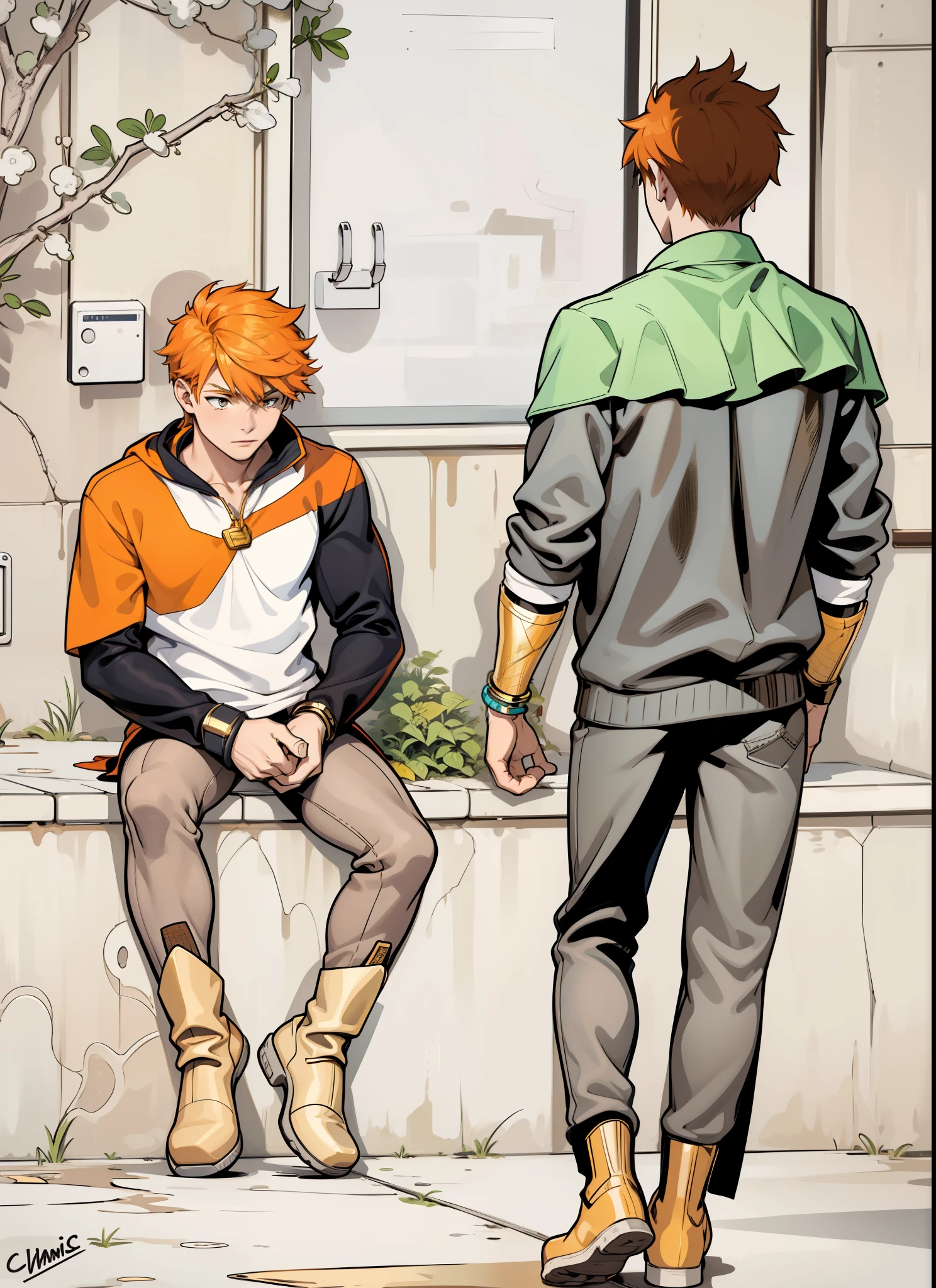 There are two 16 year olds, one sitting with orange hair and the other walking towards him., They both have superhero costumes, they have golden superhero boots, they are slim but athletic. , Her bracelets and boots are gilded with gold