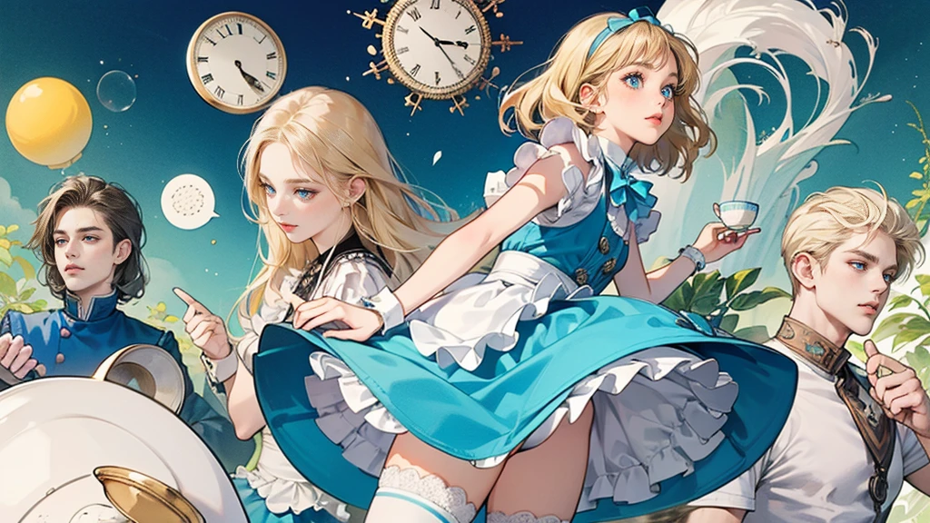 masterpiece, Highest quality, Portraiture, One Girl, (Alice in Wonderland:1.2), Blue clothes, White apron, Blonde, blue eyes, Usagi, Trump, Tea cup, White lace thigh high socks, Miniskirt lift, Dynamic pose,Retro