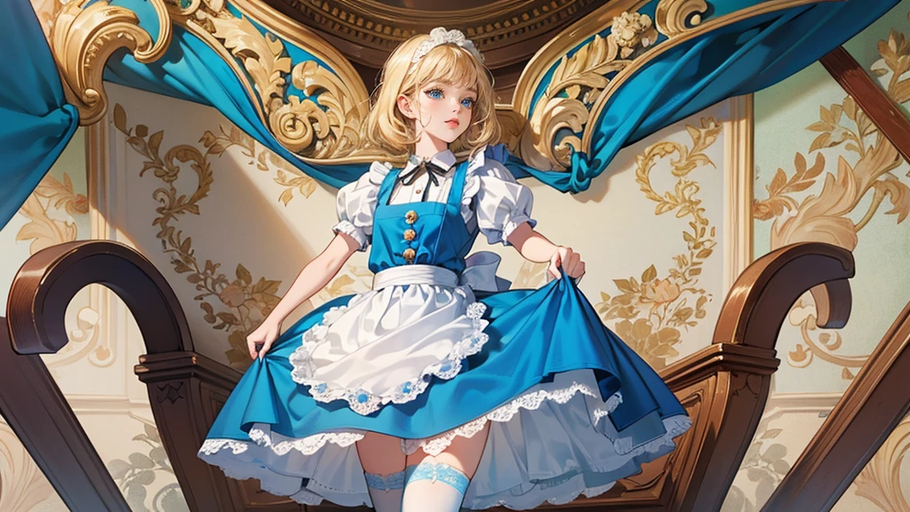 masterpiece, Highest quality, Portraiture, One Girl, (Alice in Wonderland:1.2), Blue clothes, White apron, Blonde, blue eyes, Usagi, Trump, Tea cup, White lace thigh high socks, Miniskirt lift, Dynamic pose,Retro