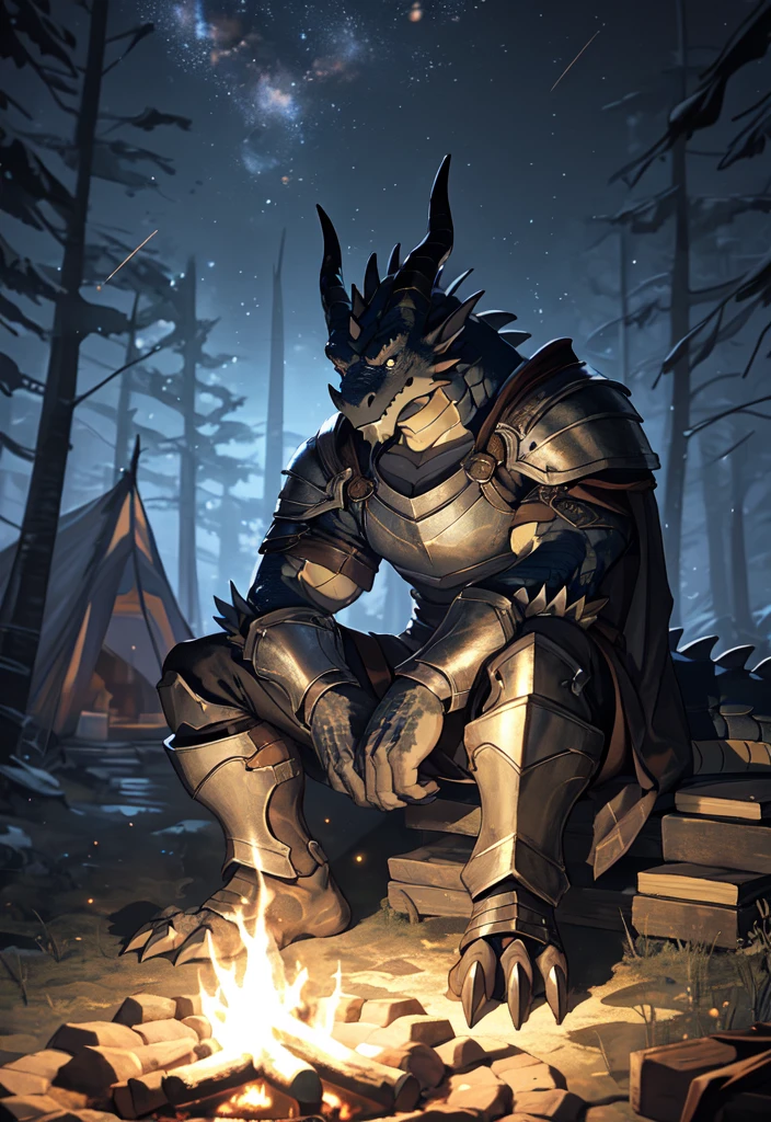 solo, kemono, (dragon), anthro, male, ((black body)), scales, tail, muscles, handsome, armor, medieval, fantasy, outdoors, outside, dark, night, forest, campfire, camp, stars, sitting, toe claws, epic, depth of field, perfect lighting, (light particles),(best quality),(masterpiece),(ultra detailed),sharp focus,light particles