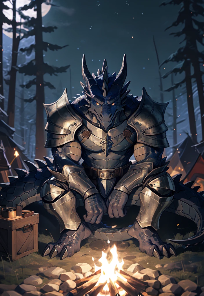 solo, kemono, (dragon), anthro, male, ((black body)), scales, tail, muscles, handsome, armor, medieval, fantasy, outdoors, outside, dark, night, forest, campfire, camp, stars, sitting, toe claws, epic, depth of field, perfect lighting, (light particles),(best quality),(masterpiece),(ultra detailed),sharp focus,light particles