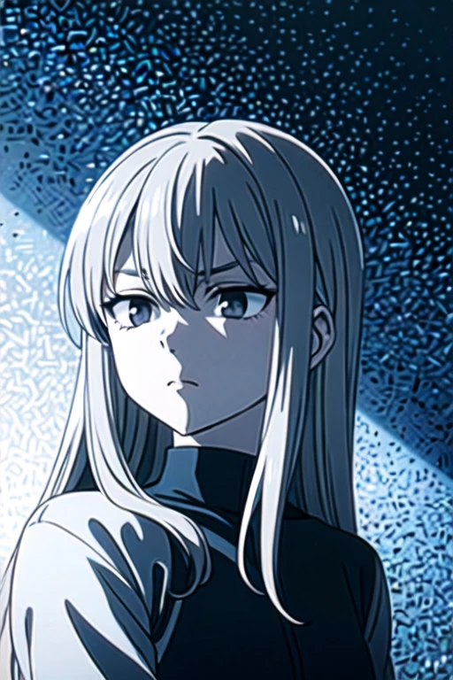 young girl with long light grey hair, grey eyes and has an apathetic expression