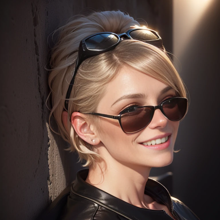 smiling woman, Kelly East, with sunglasses on her head and a black shirt, marthe jonkers, profile image, headshot profile picture, fiona staples, portrait sabrina lloyd, leesha hannigan, katinka reinke, nina tryggvadottir, alison williams, with short hair, laura zalenga, avatar image, amanda lilleston, holly bruce