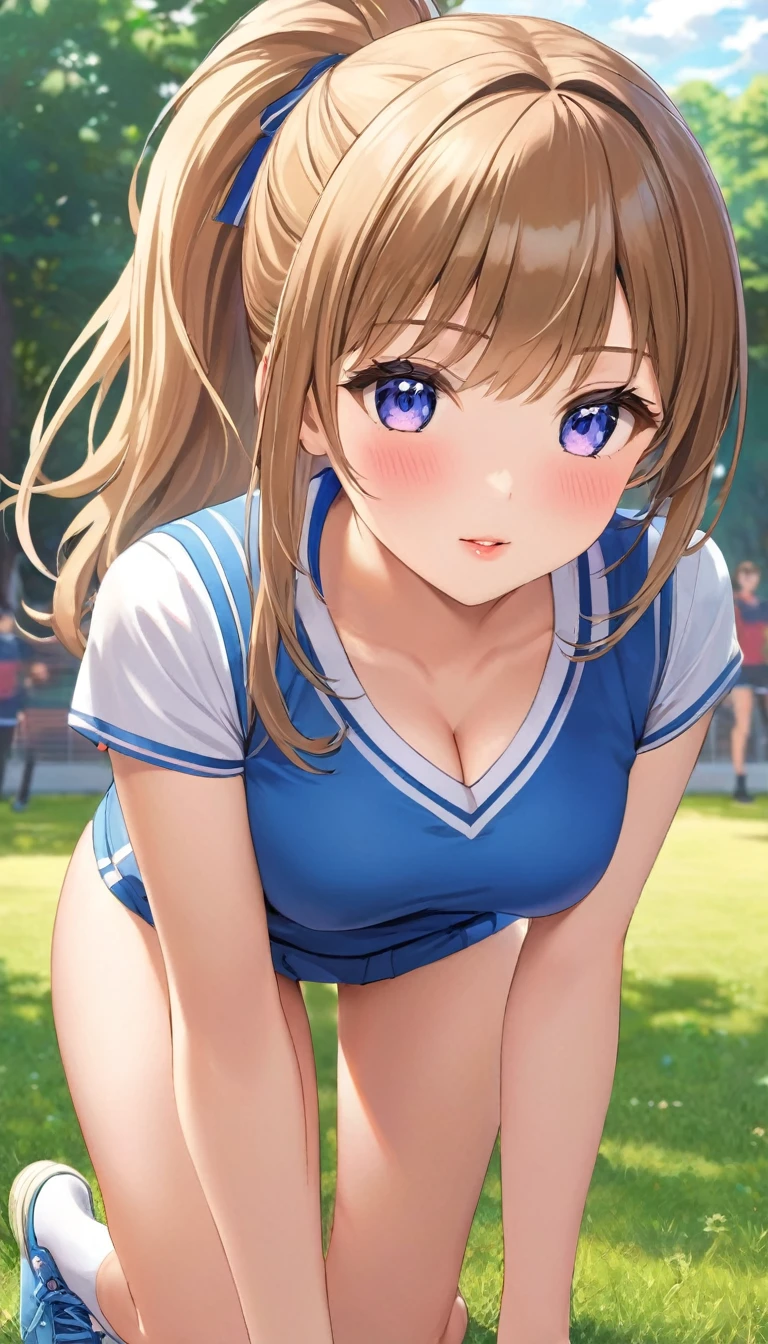 {{{{{16k,Ultra High-resolution realistic photograph of neat virgin first-year junior high school girl's in School-designated gym uniform with junior high ribbon as pretty as a actress in Grass schoolyard, She's in the first year of middle school, but she's too well developed, her cleavage tits are too beautiful, Her bra is showing through under her gym clothes, Aura of being irresistible, but a virgin}}}}},{{Extremely detailed}},{{{{{dye her cheeks flush and integrated her head pure small, thick lips, Enchanting thick gross idol's Lips}}}}},{{{{{the bang ponytail hair}}}}},{{{{{She get more attractive and smoother her body, her expression and appearance are transformed into that of a pure, Her white tits are so fluffy, and are depicted in great detail, but her sex appeal from her cleavage fills the schoolyard, her bodyline and tits and hips are getting cuter and cuter, She has been reborn as a pretty one-in-a-thousand-year girl with a sparkling aura of cuteness}}}}}