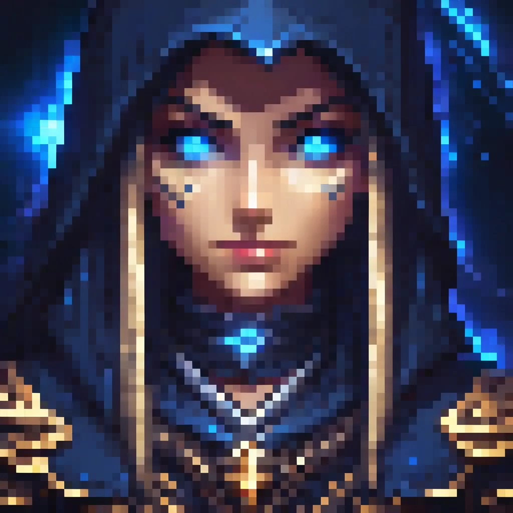 an assassin woman character with a dark hood, glowing eyes, blue magical effects, close-up headshot, extremely detailed facial features, intricate pixel art style, highly detailed, masterpiece, 8k, photorealistic, portrait, fantasy, magical, ethereal, cinematic lighting, dramatic contrast, vivid colors, digital painting