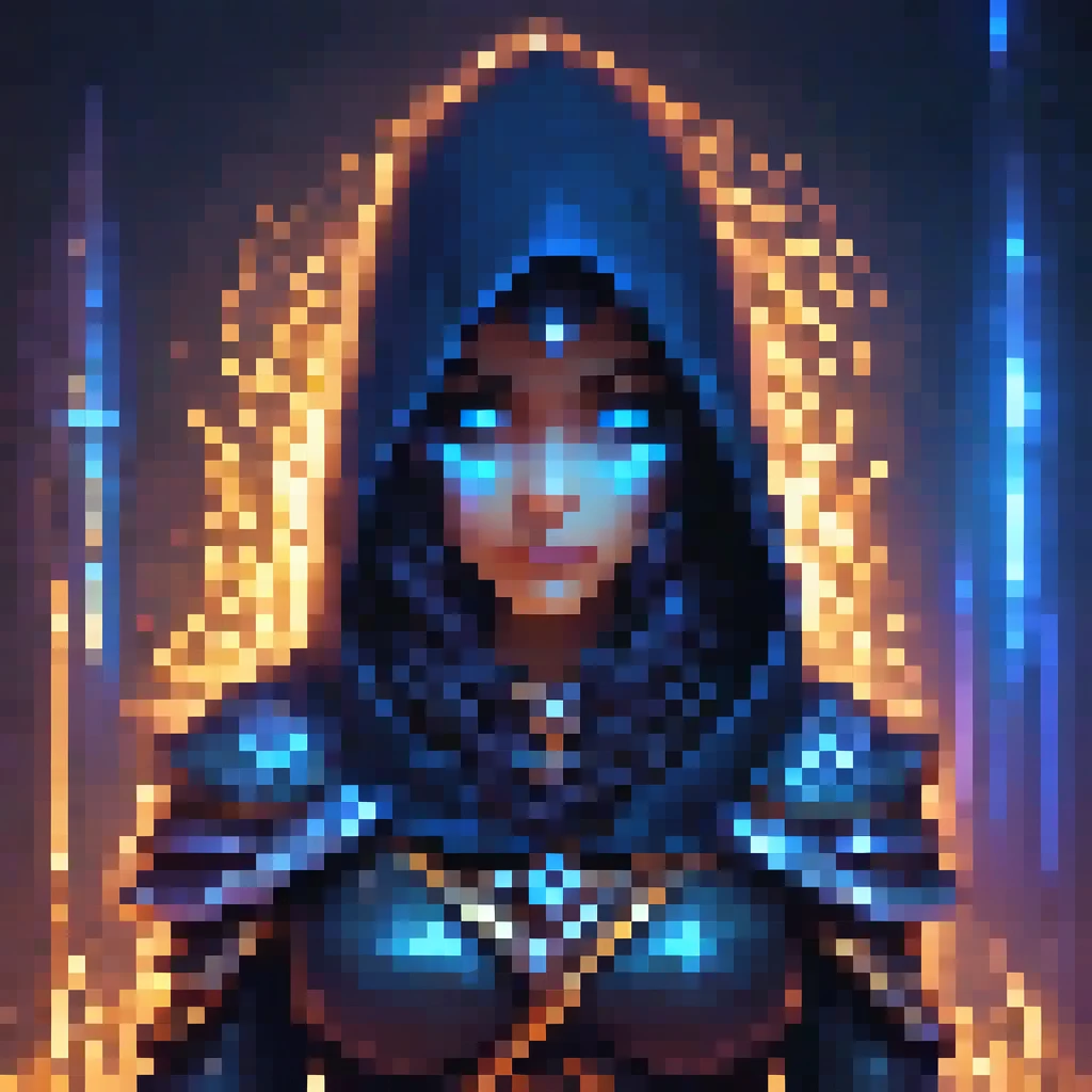 an assassin woman character with a dark hood, glowing eyes, blue magical effects, close-up headshot, extremely detailed facial features, intricate pixel art style, highly detailed, masterpiece, 8k, photorealistic, portrait, fantasy, magical, ethereal, cinematic lighting, dramatic contrast, vivid colors, digital painting