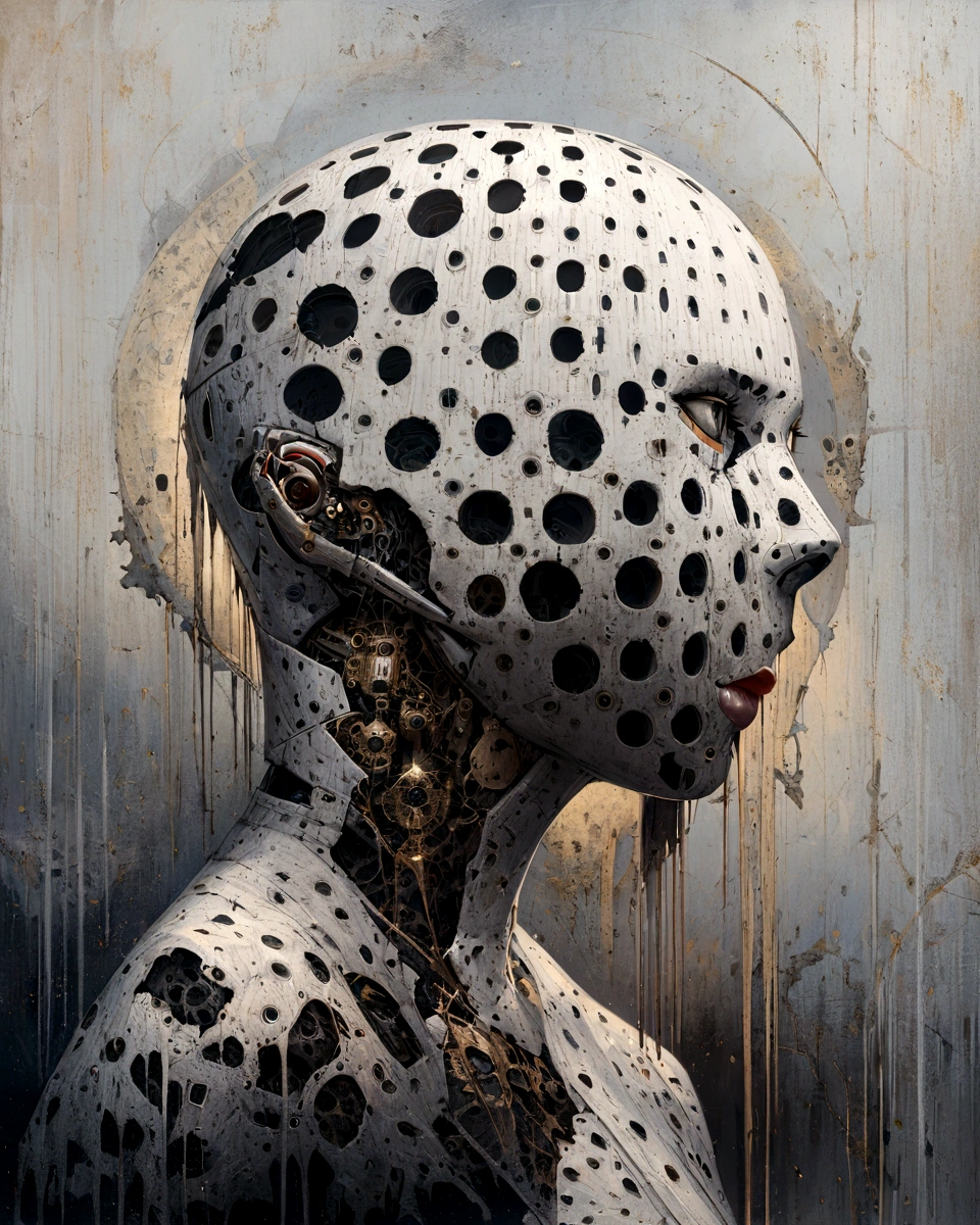 painting of a woman with a dotted head and black and white face, metallic face portrait, swanland radius, tristan eaton, detailed portrait of a cyborg, portrait of a cyborg, humanoid portrait, adrian borda, cyborg portrait, intricate transhuman, symetry!! portrait of cyborg, intricate oil painting artwork, portrait of cyborg, highly conceptual figurative art