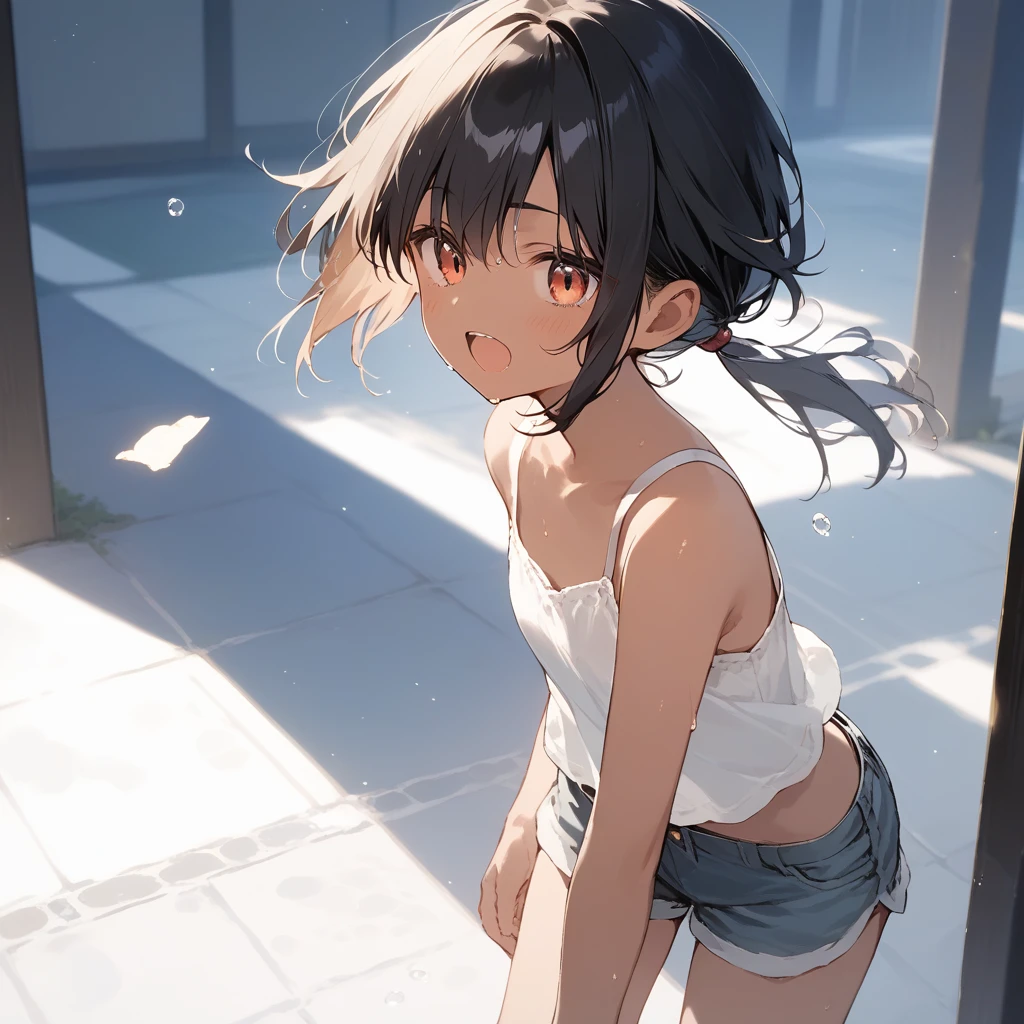 score_9, score_8_up, score_7_up, source_anime, best quality, masterpiece, official art, absurdres, highres, ultra-detailed,waifu2x,Collection: Slice of Life,break,1girl, tomboy, dark-skinned female, short hair, low ponytail, flat chest, beautiful detailed eyes, short shorts, sweat, open mouth, (yawn:0.3), sleepily, outdoors, wind, break,(clear line illustration:1.2),very high resolution, very aesthetic, super detailed skin, Best sexual lighting powered by famous artist, 8k,cute picture,beauty illustration,photoshop_(medium),,(Detailed Lighting),best anime 8k konachan wallpaper, pixiv contest winner, 