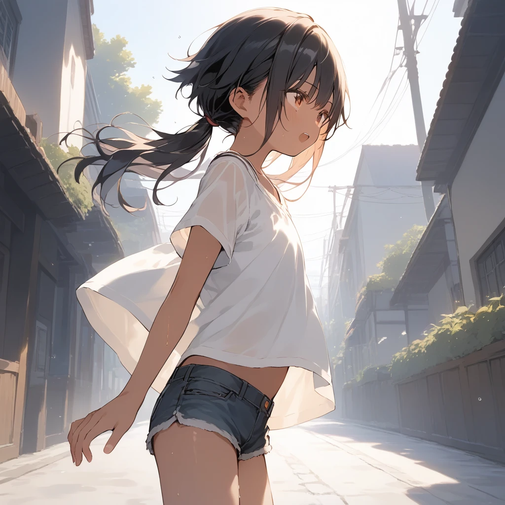 score_9, score_8_up, score_7_up, source_anime, best quality, masterpiece, official art, absurdres, highres, ultra-detailed,waifu2x,Collection: Slice of Life,break,1girl, tomboy, dark-skinned female, short hair, low ponytail, flat chest, beautiful detailed eyes, short shorts, sweat, open mouth, (yawn:0.3), sleepily, outdoors, wind, break,(clear line illustration:1.2),very high resolution, very aesthetic, super detailed skin, Best sexual lighting powered by famous artist, 8k,cute picture,beauty illustration,photoshop_(medium),,(Detailed Lighting),best anime 8k konachan wallpaper, pixiv contest winner,