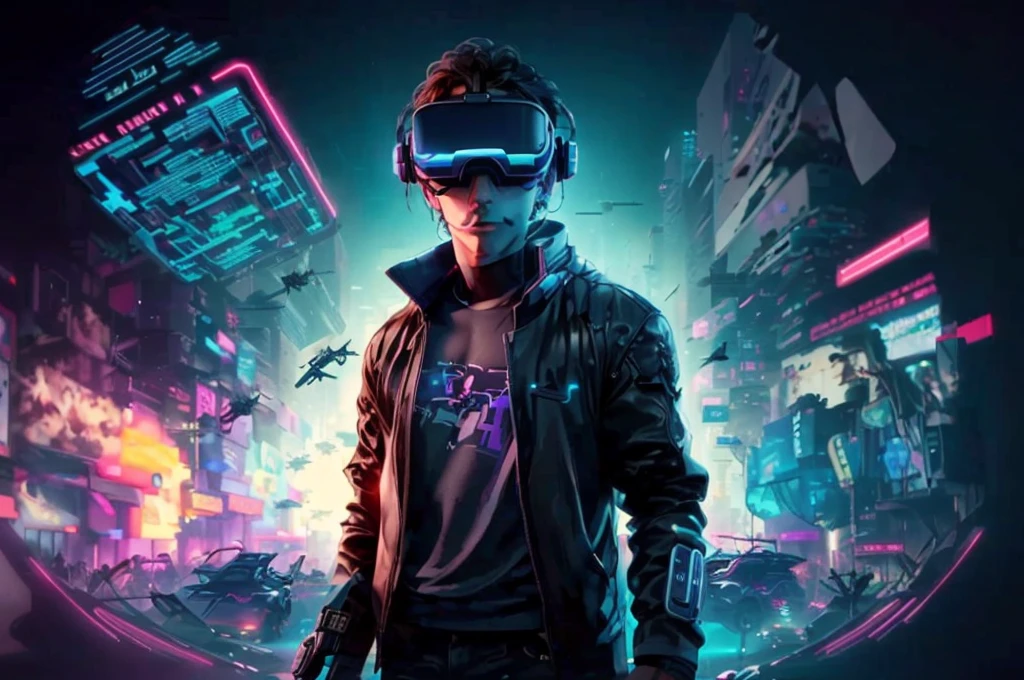 neocruz a man in a black jacket and glasses stands in front of a futuristic city, vr game, cyberpunk vibe, cyberpunk vibes, deeper into the metaverse we go, has cyberpunk style, cyberpunk theme, in cyber punk 2077, cyberpunk futuristic, cyberpunk future, synthwave, wearing cyberpunk streetwear, futuristic cyberpunk, cyberpunk tech, retro cyberpunk, synthwave style