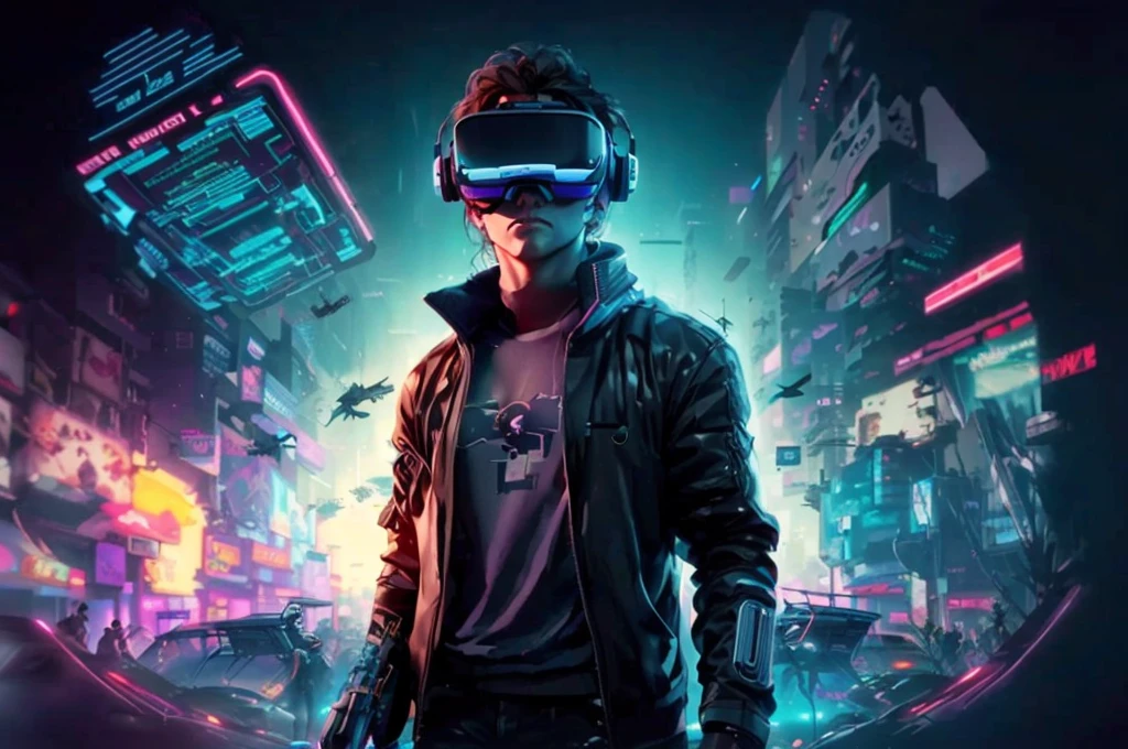 neocruz a man in a black jacket and glasses stands in front of a futuristic city, vr game, cyberpunk vibe, cyberpunk vibes, deeper into the metaverse we go, has cyberpunk style, cyberpunk theme, in cyber punk 2077, cyberpunk futuristic, cyberpunk future, synthwave, wearing cyberpunk streetwear, futuristic cyberpunk, cyberpunk tech, retro cyberpunk, synthwave style