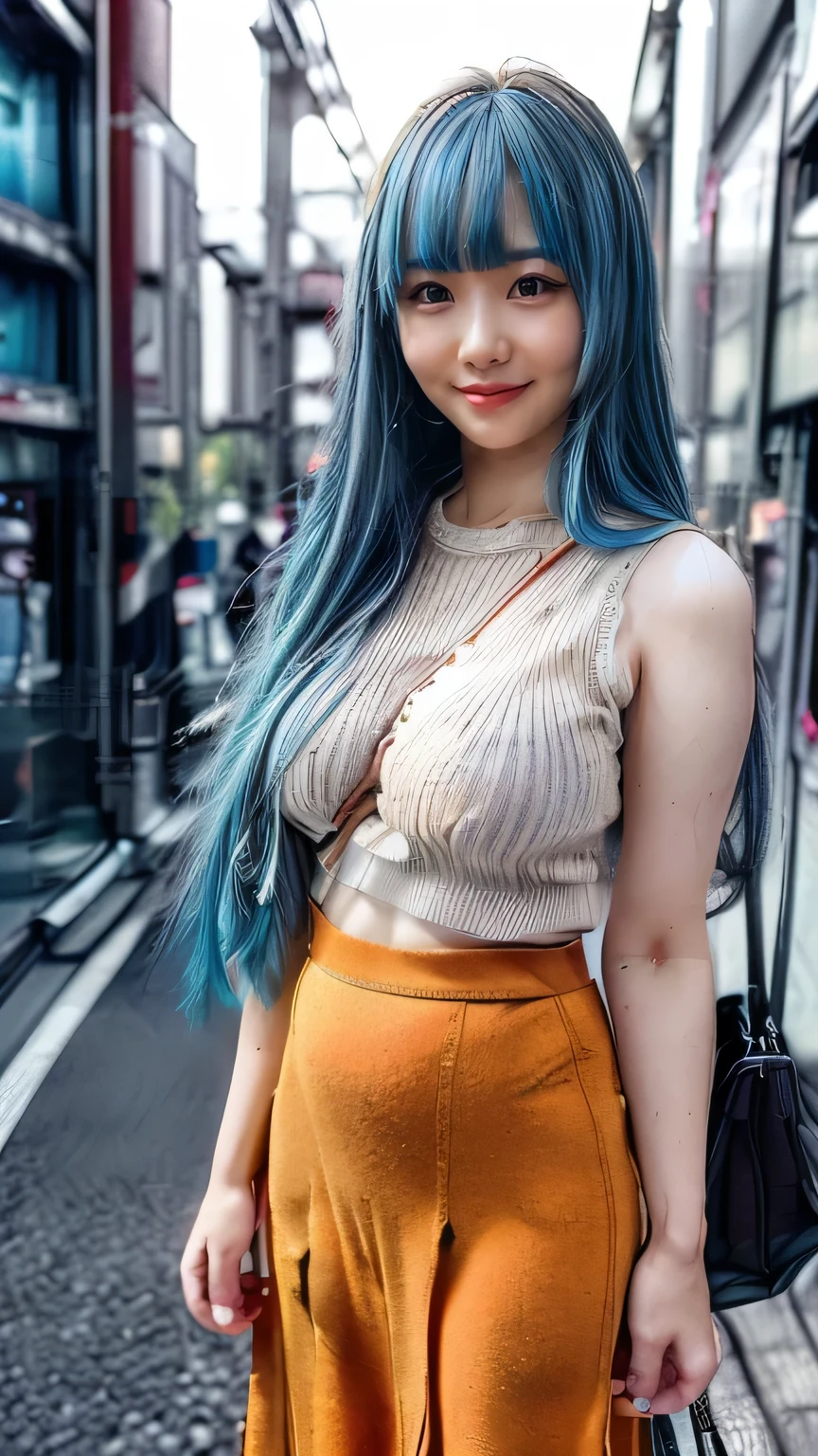 (((Tokyo Street:1.5))、Woman walking in the city:1.3、The background is the street)、(Realistic、Like a photograph、Live Action、8K, Realistic, RAW Photos, Best image quality: 4), Single-lens reflex camera、RAW Photos, Highest quality, Realistic, Very detailed CG Unity 8k wallpaper, Written boundary depth, Cinematic Light, Lens flare, Ray Tracing, Realistic background、(equipped:1.3，Bag strap between chest、Carry your bag diagonally、(Sleeveless knitwear)、(Fluttering flared skirt:1.2、Long skirt)、Small breasts:1.3))、((Ultra-dense skin))、 1 female,cute japanese gal、((whole body:1.5)，look up:1.smile、(Long Hair、Blue inner color hair:1.3)、I like that style、stylish、Very detailed、Pay attention to the details、Perfect outfit、(White skin)、Beautiful legs:1，Anatomically correct body、Accurate Fingers、Are standing、View from below